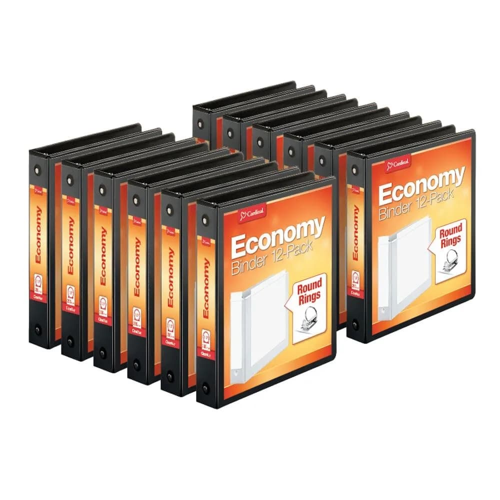 Cardinal Economy 3-Ring Binders 1.5 inch (38mm) Round Rings, Holds 350 Sheets | ClearVue Presentation View, Non-Stick, Black, Carton of 12