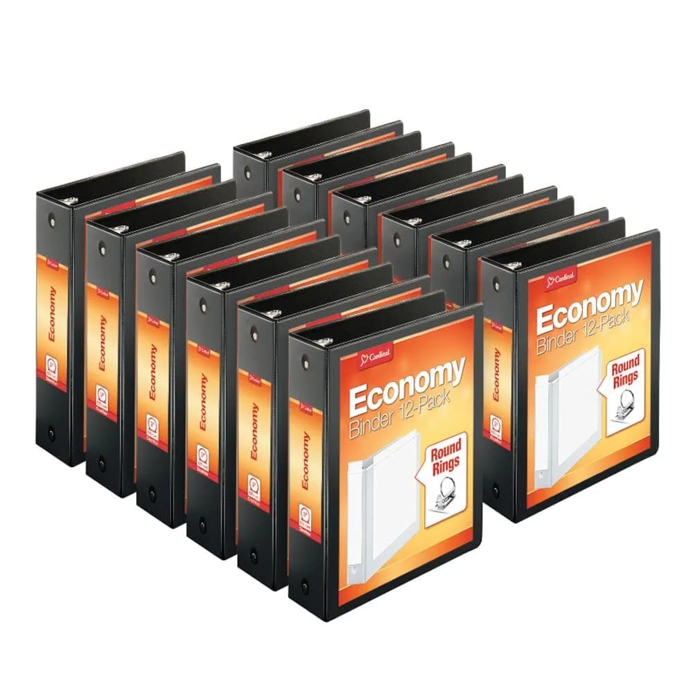 Cardinal Economy 3-Ring Binders, 1.5 Inch Round Rings, Holds 350 Sheets, White, Carton of 12 | ClearVue Presentation View — Black / 3 Inch