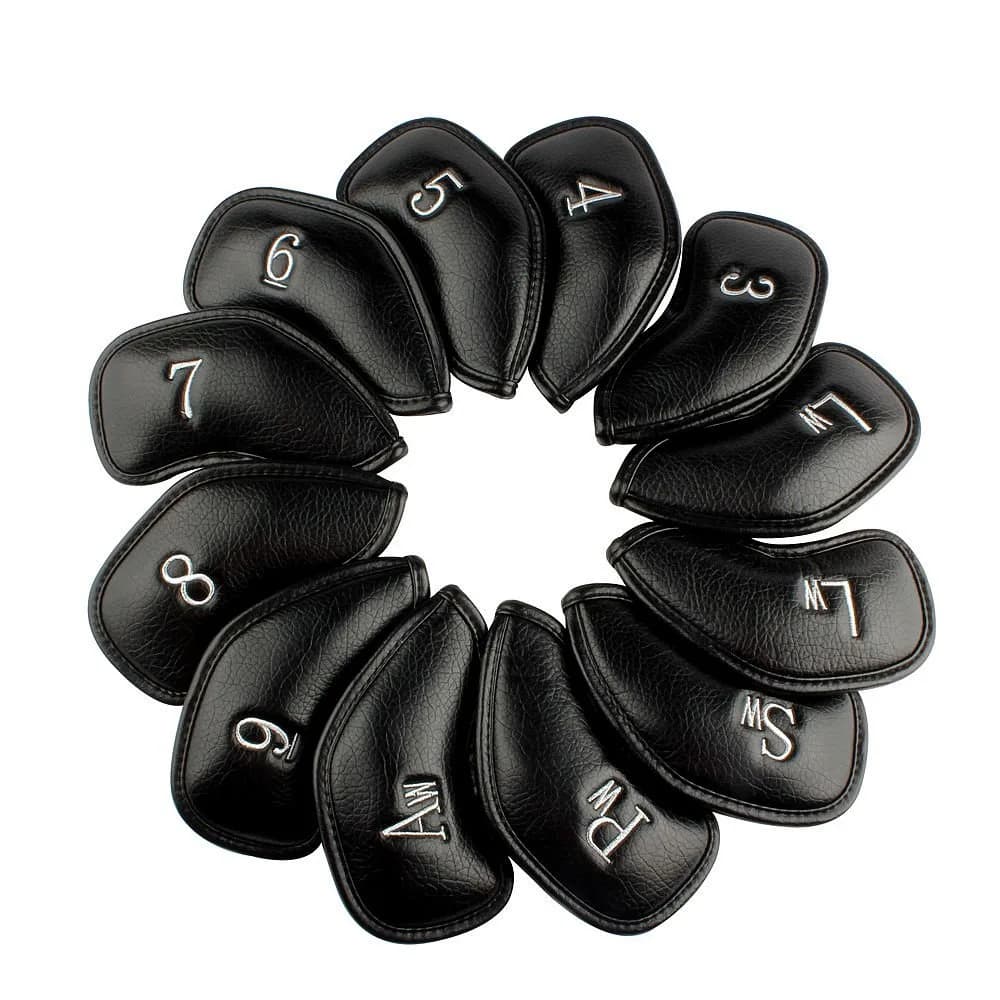 CRAFTSMAN GOLF Custom 12pcs Thick Synthetic Leather Golf Iron Head Covers Set | Personalized, Water-Resistant, Machine Washable — 12pcs Black with Silver No. for Right