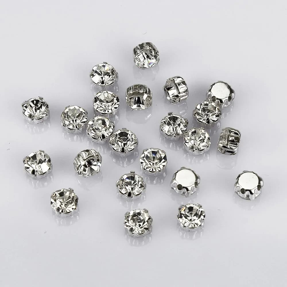LolliBeads Crystal Ringed Sew-on Rhinestones 6mm (0.24 inches) | AAA Quality Glass with Silver Plated Brass Prongs