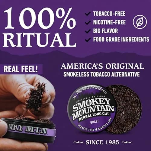 Smokey Mountain Herbal Long Cut Grape, 5 Can Box | Tobacco-Free Nicotine-Free Herbal Snuff thumbnail 3