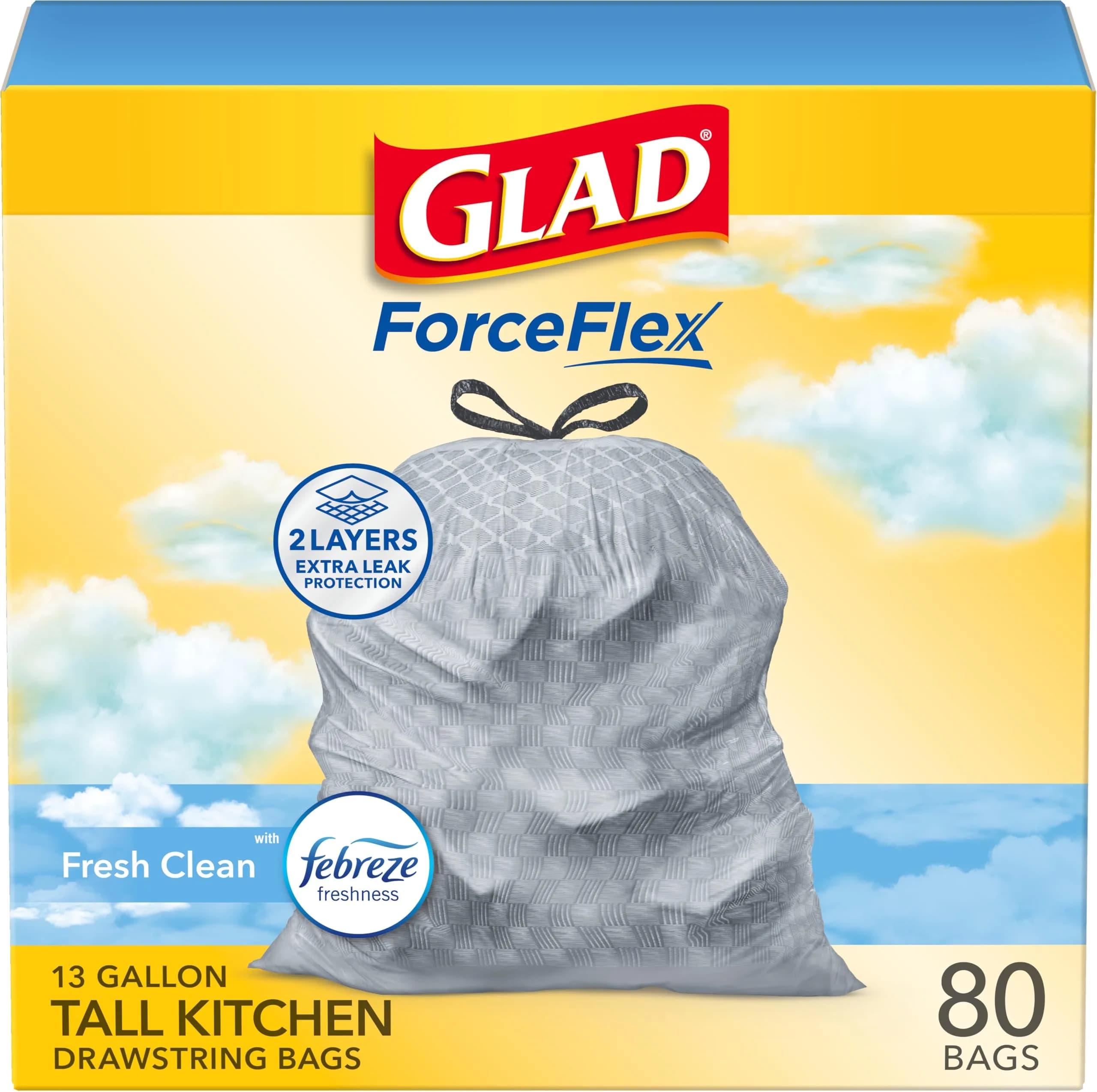 Glad ForceFlex Tall Kitchen Trash Bags 13 Gallon Grey 80 Count | Odor Control & Leak Protection - main product image