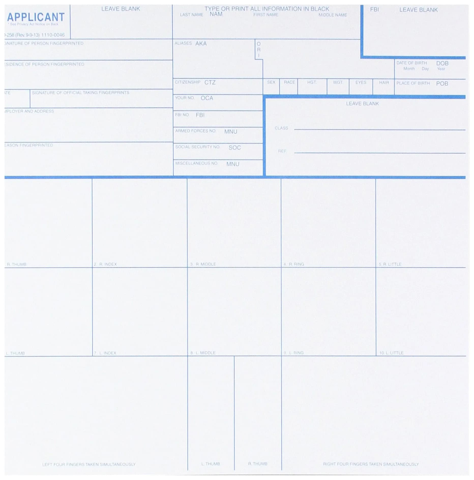 Federal Bureau of Investigation FD-258 Fingerprint Cards, Applicant Form 8" x 8" (10-Pack) - main product image