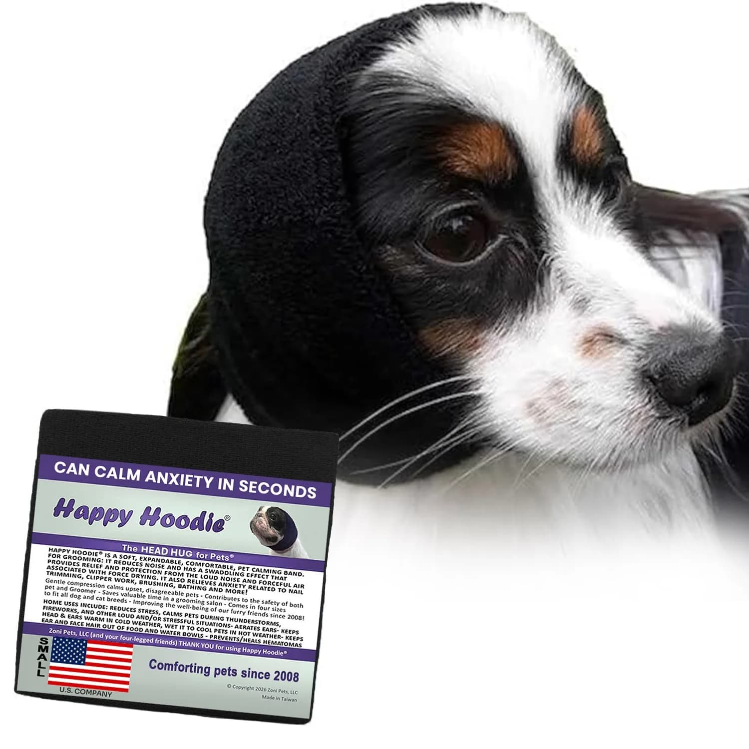 Zoni Pets Happy Hoodie Original Dog & Cat Calming Band, Black, X-Small (8 inch neck) — Black / Small