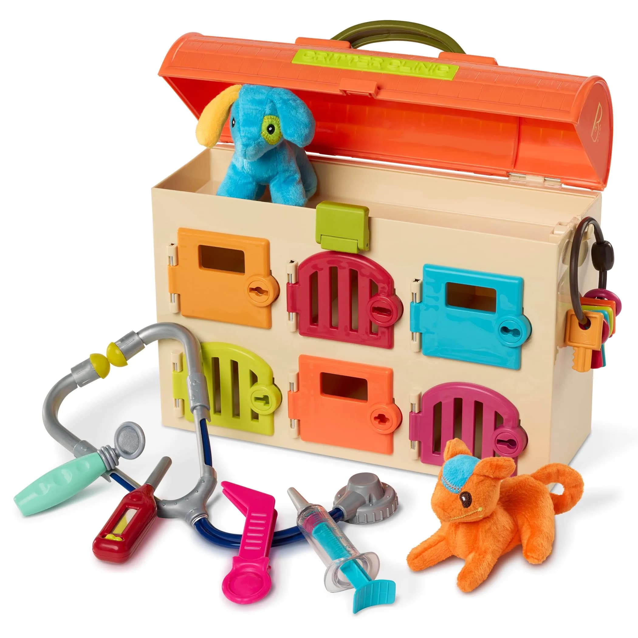 B. toys Critter Clinic Vet Set, Portable Animal Hospital | 6 Rooms, 5 Tools, 2 Plush Pets, Portable Handle (2+ Years) - main product image