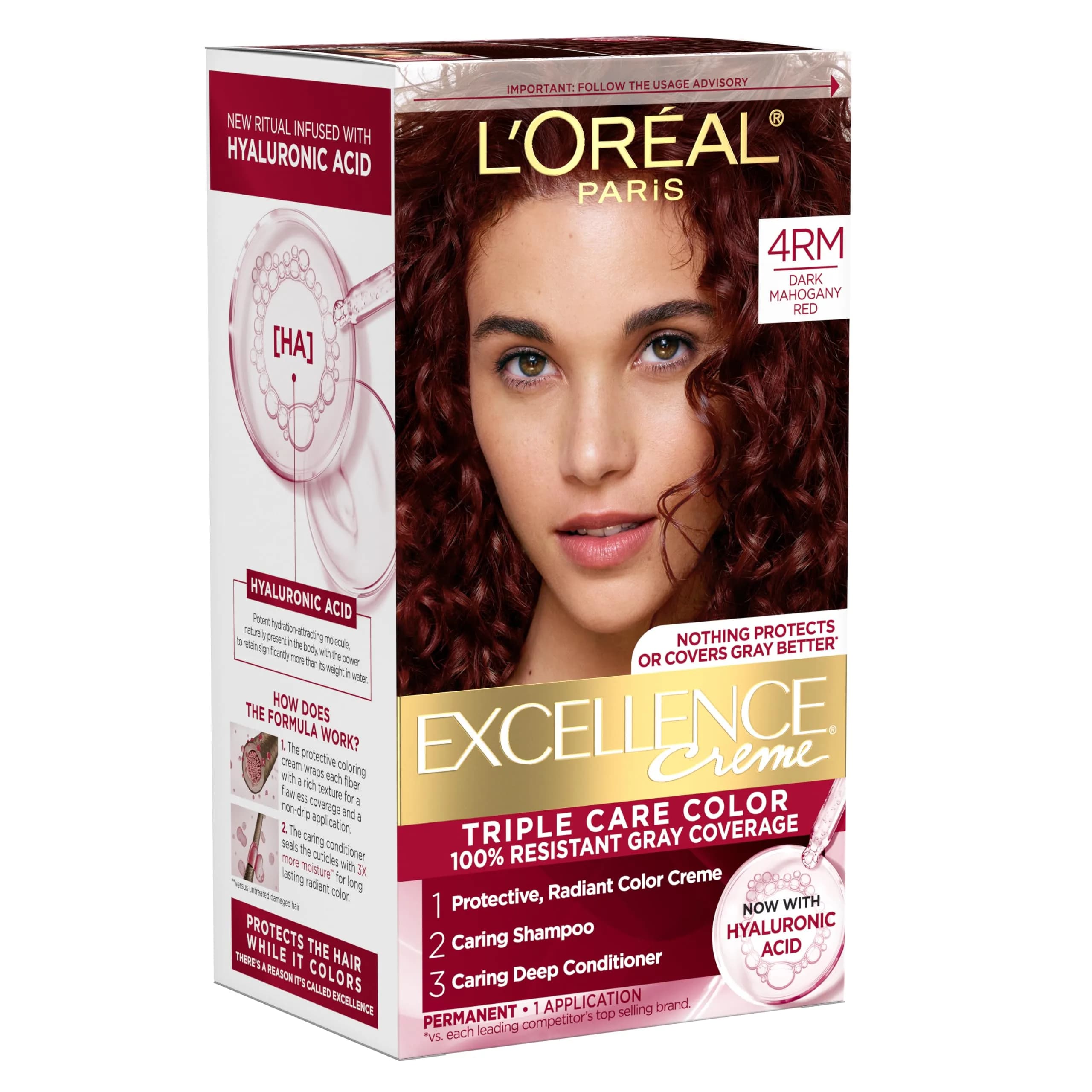 L'Oreal Paris Excellence Crème Permanent Hair Dye 4RM Dark Mahogany Red | Triple Care with Hyaluronic Acid for 100% Gray Coverage