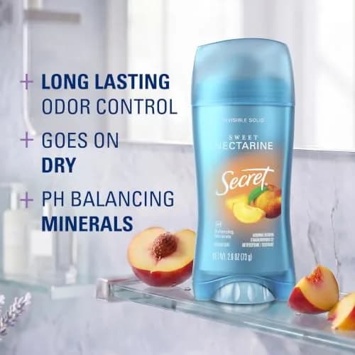 Secret Fresh Invisible Solid Antiperspirant Deodorant for Women, Sweet Nectarine Scent, 75g (2.6 oz) | 72-Hour Breathable Odor Protection thumbnail 2
