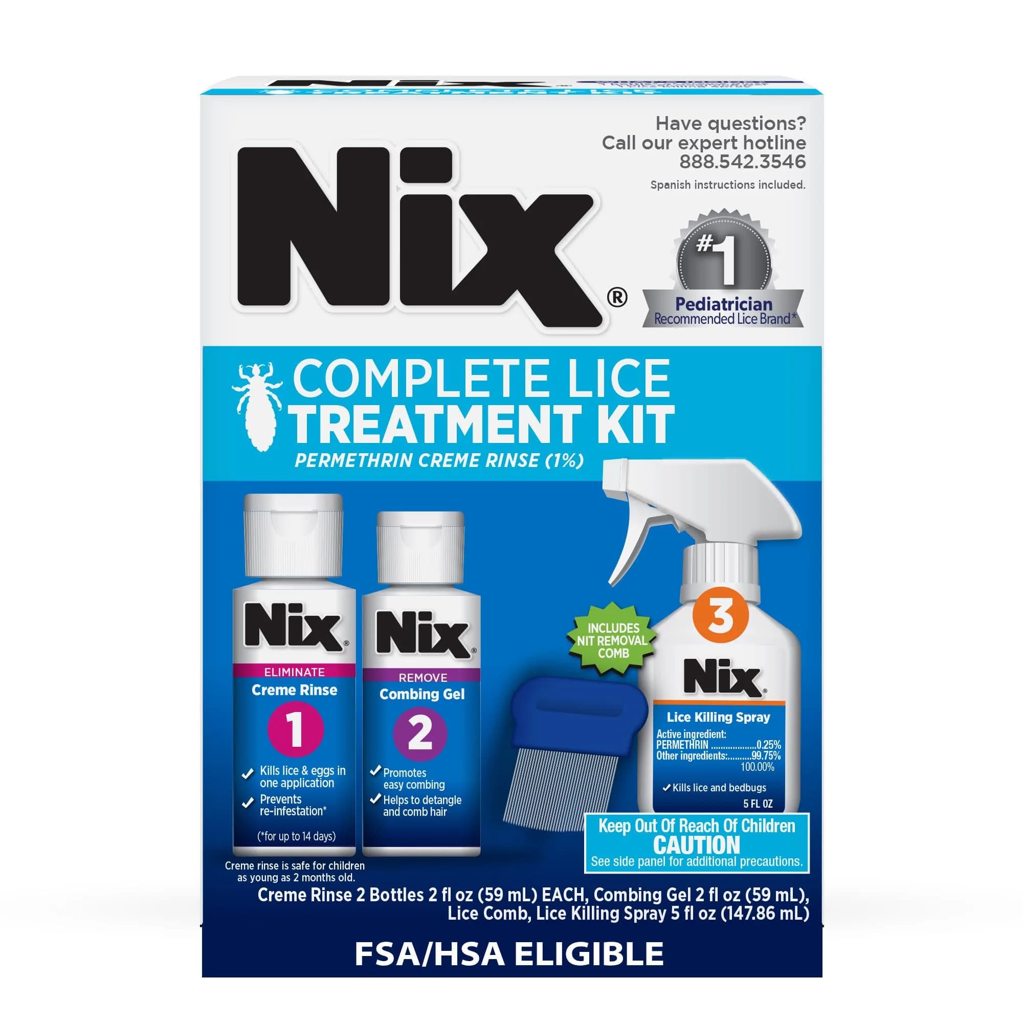 Nix Lice Treatment Family Pack Permethrin Crème Rinse 4 Fl Oz (2x2 Fl Oz Bottles) & 2 Lice Combs | Kills Lice and Eggs — Multi