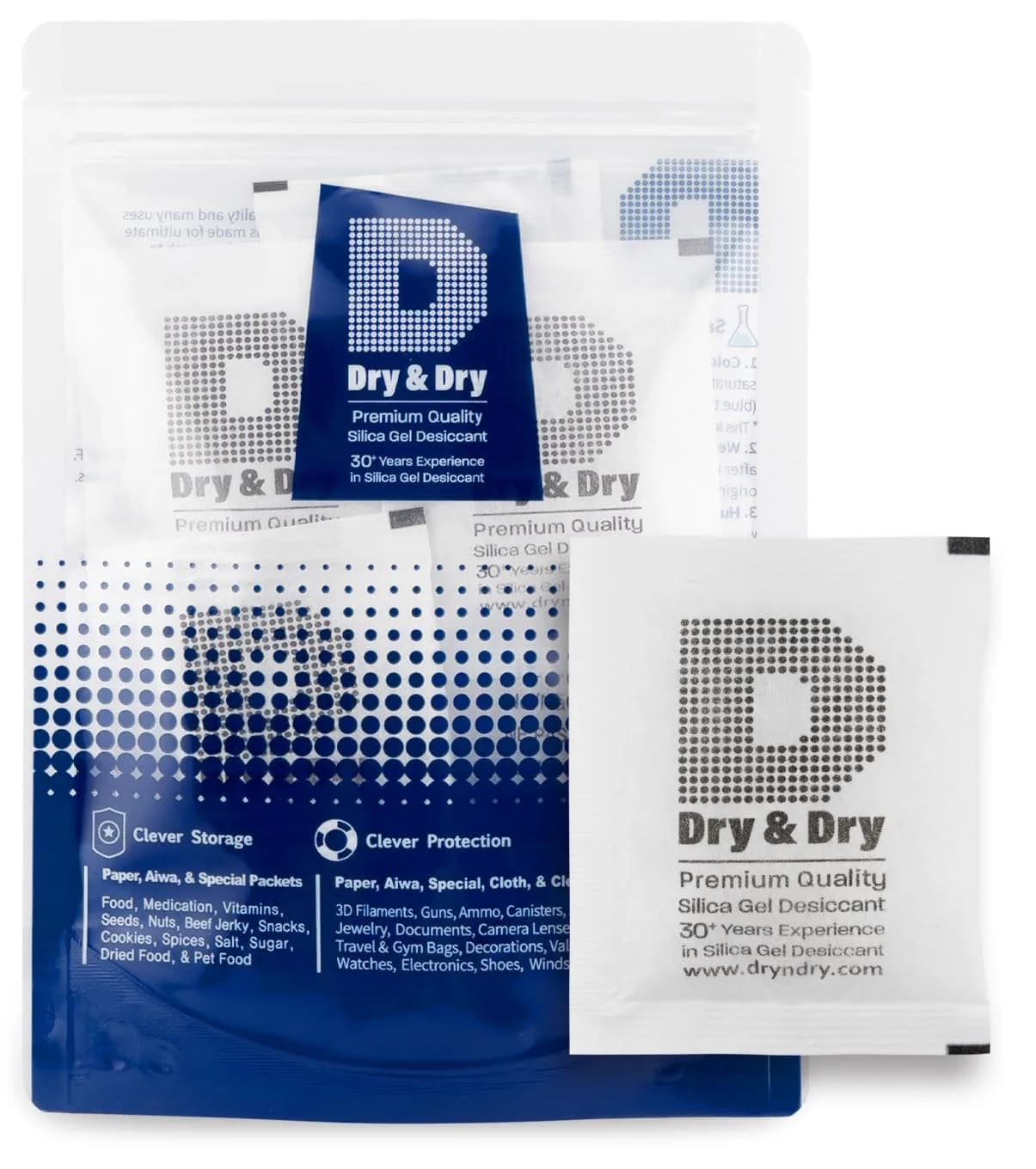 Dry & Dry 20 Gram Silica Gel Packets (5-Pack, White) | Rechargeable Moisture Absorbers for Food Storage, Electronics, 3D Filament & Safes