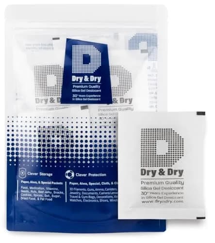 Dry & Dry 20 Gram Silica Gel Packets (5-Pack, White) | Rechargeable Moisture Absorbers for Food Storage, Electronics, 3D Filament & Safes thumbnail 1