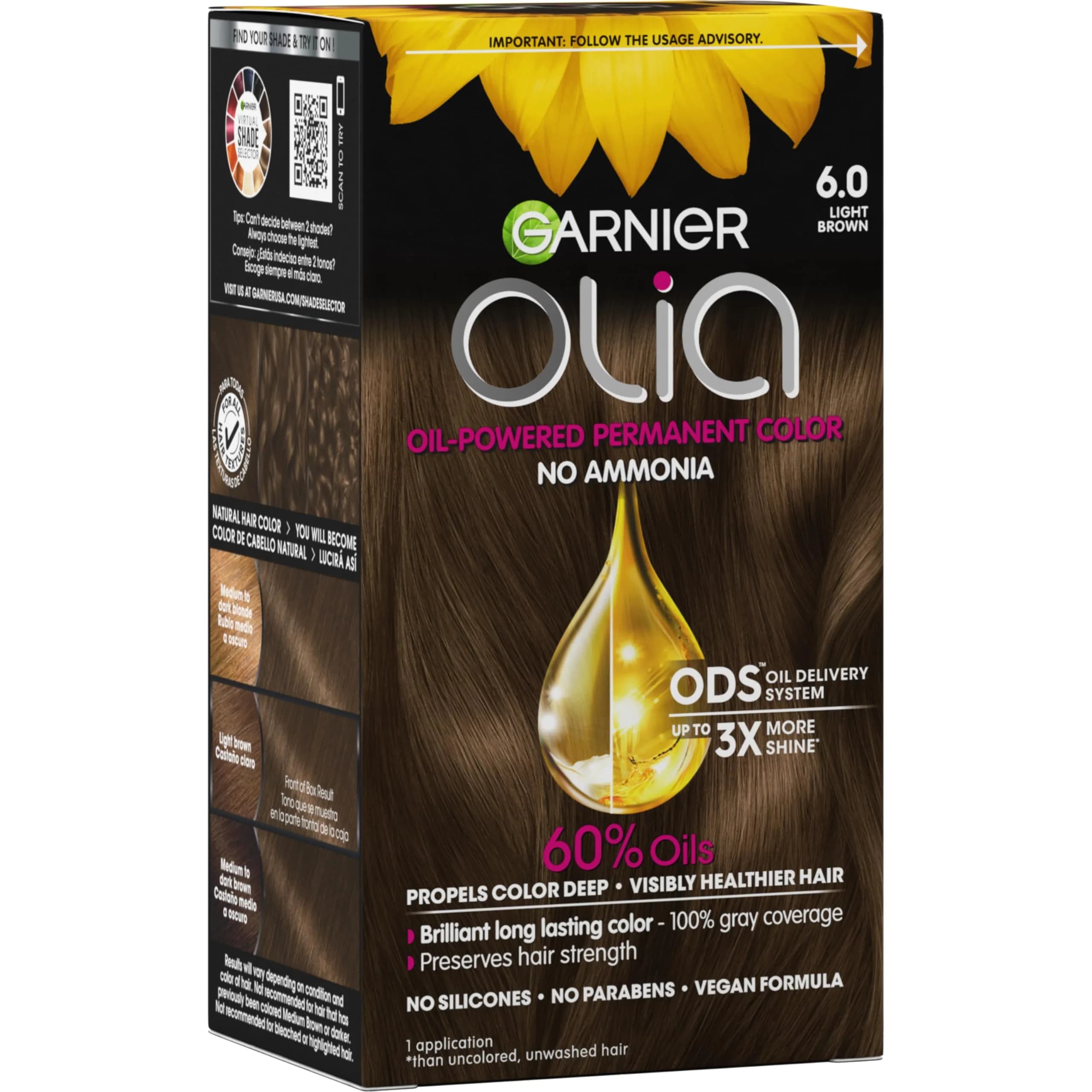 Garnier Olia Hair Color 6.0 Light Brown | Oil-Powered, Ammonia-Free, 100% Gray Coverage - main product image