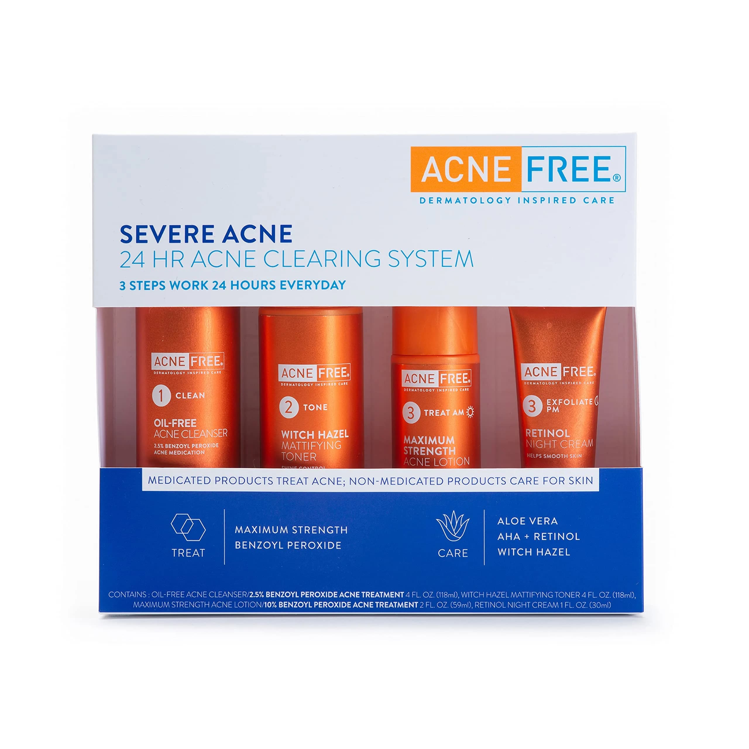 AcneFree Severe Acne 24 Hour Clearing System for stubborn acne | 4 Step Routine Kit with Benzoyl Peroxide & Retinol - main product image