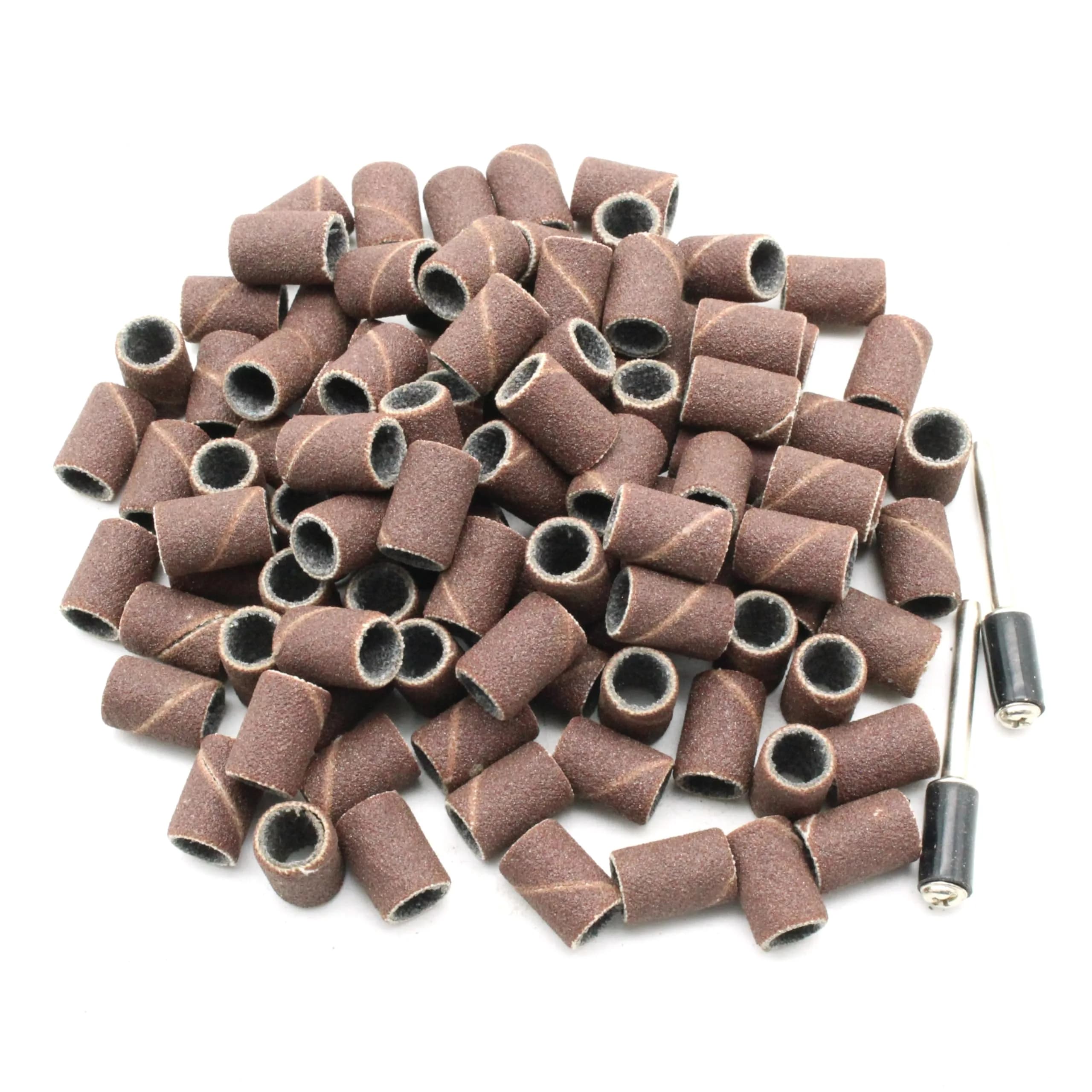 TEMO 100-Piece 1/2" (12.7mm) Grit 60 Coarse Sand Drum Set with 2x 1/8" (3.175mm) Mandrels | For Wood, Plastic, Metal Sanding — 1/4" #180