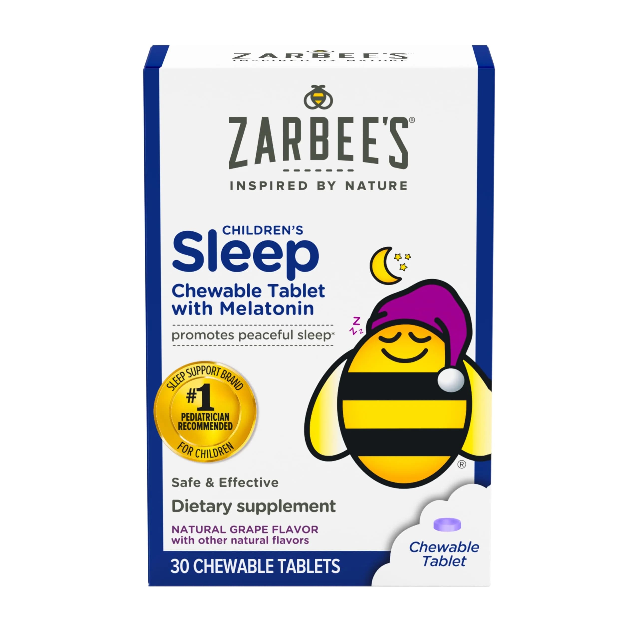 Zarbee's Naturals Children's Sleep Chewable Tablets with Melatonin, Natural Grape Flavor, 30 Count (1 mg Melatonin per Tablet)