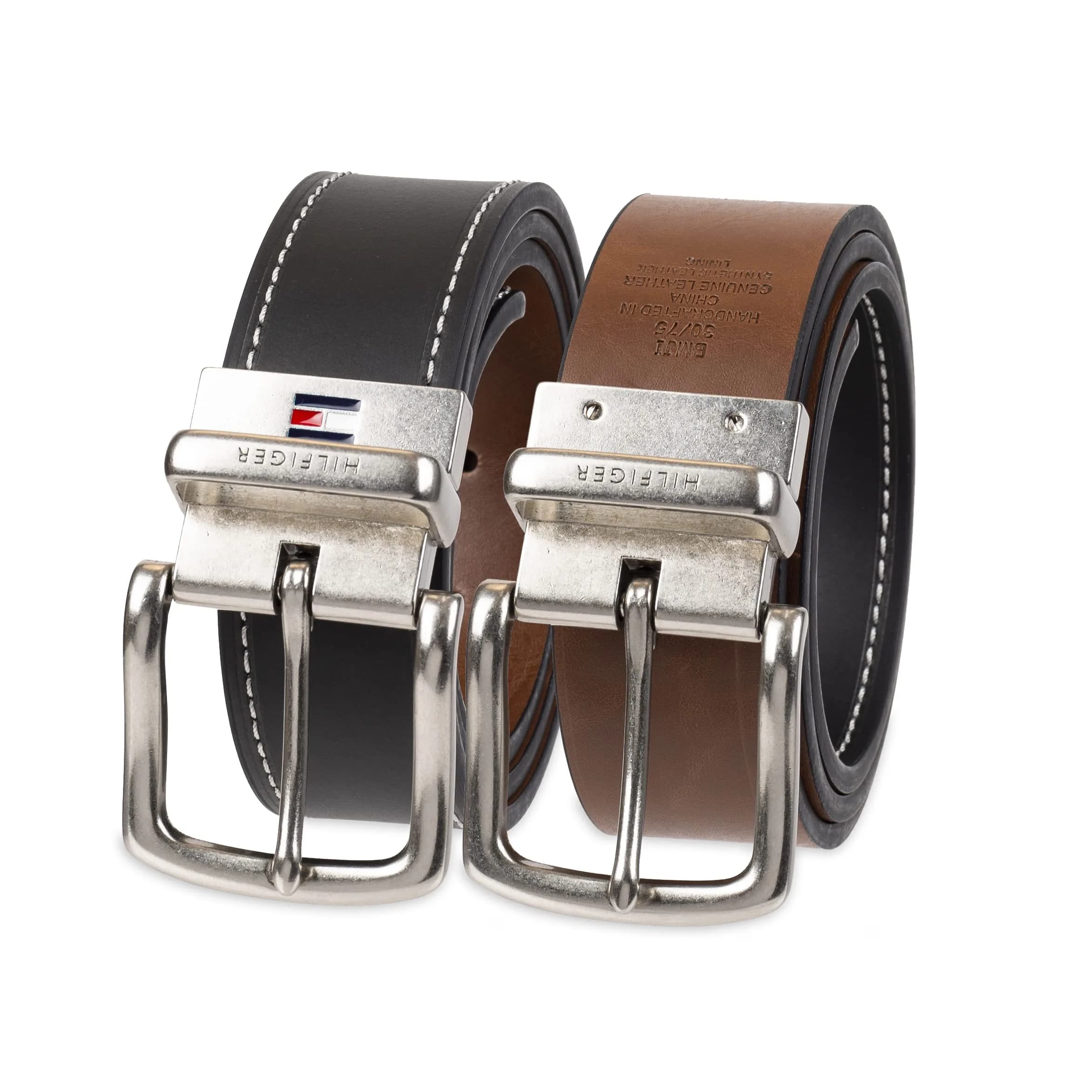 Tommy Hilfiger Men's Reversible Belt, Black/Brown Stitch, Size 32 | 1.25-inch Width