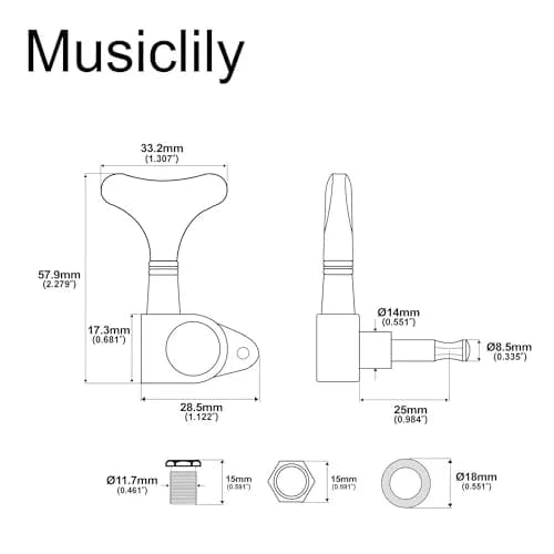 Musiclily Basic 3L3R 19:1 Ratio Bass Machine Heads Tuning Pegs Chrome for 5/6 String Bass thumbnail 2