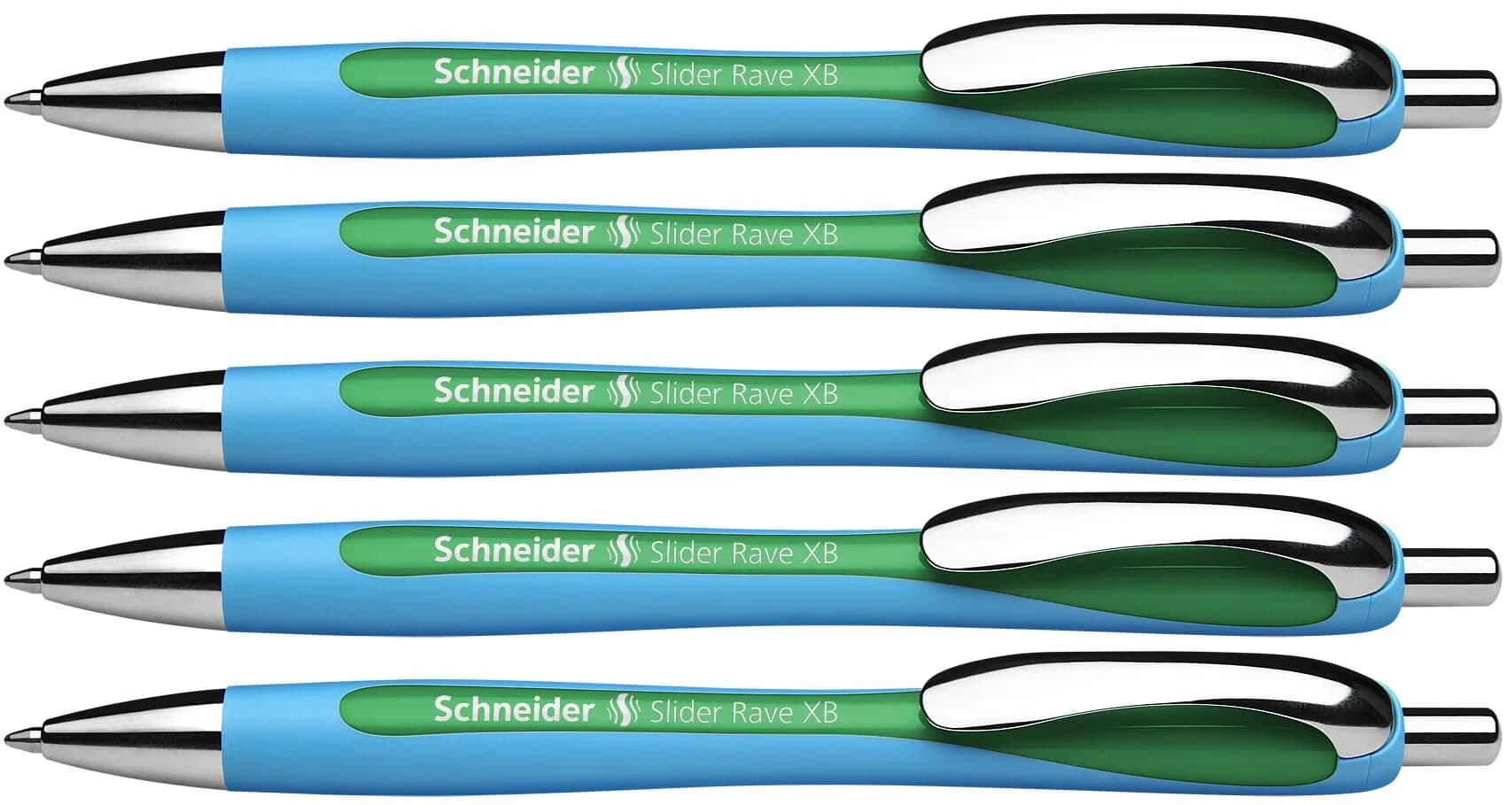 Schneider Slider Rave XB Ballpoint Pens, 1.4mm Extra Broad, Blue Ink, 5-Pack | Smooth Writing Instrument for Office & Students — Green