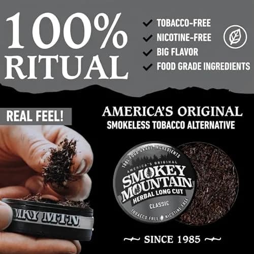 Smokey Mountain Herbal Long Cut Classic, 5 Can Box | Tobacco-Free, Nicotine-Free Herbal Snuff thumbnail 3
