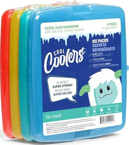 Fit & Fresh 4 Pack Ice Chest Slim Ice Packs | Quick Freeze Space Saving Reusable Ice Packs for Lunch Boxes & Coolers, Multi Colored thumbnail 1