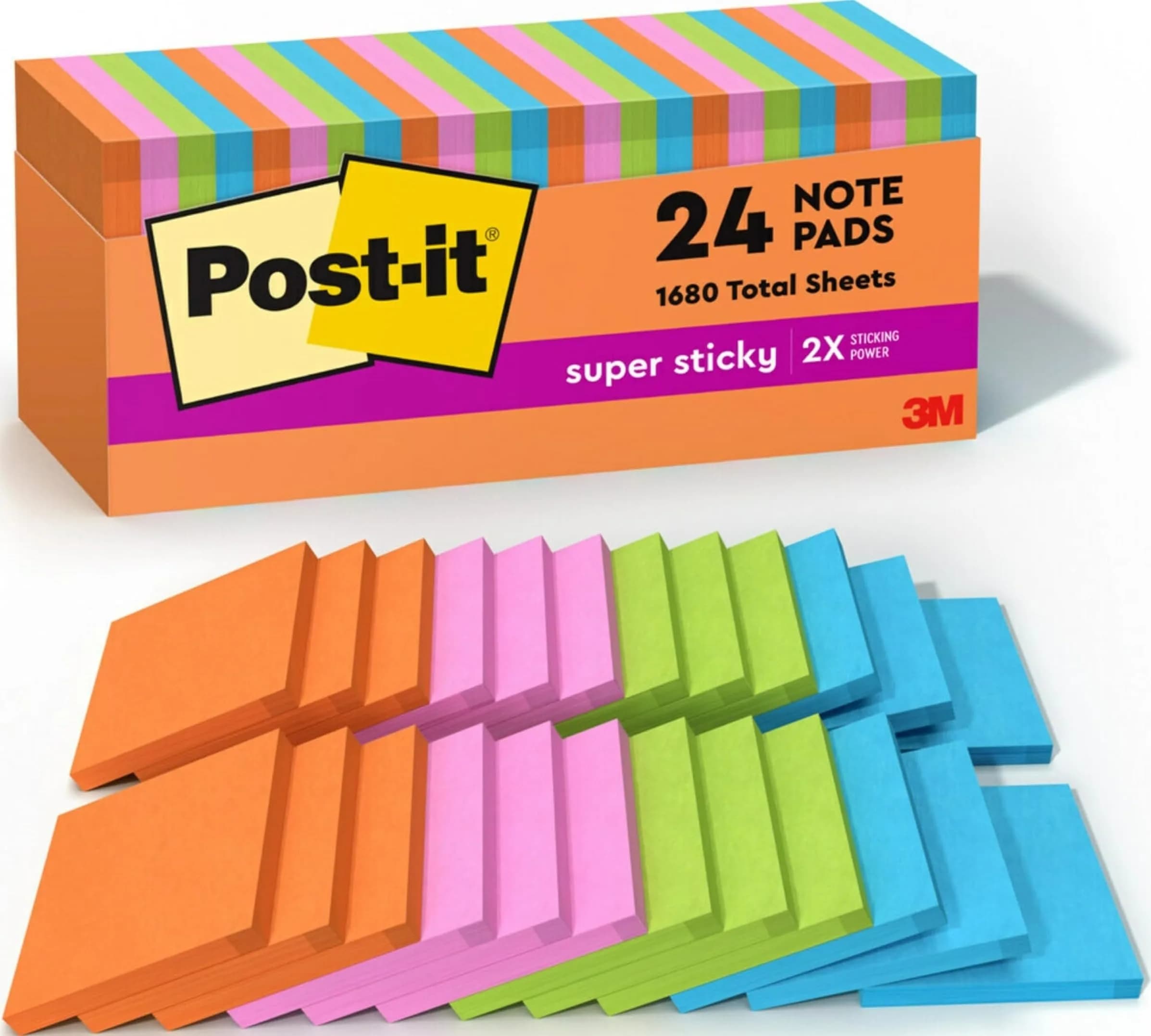 Post-it Super Sticky Notes 3 x 3 in Neon Fizz 24 Pads (70 Sheets/Pad) | 2X Sticking Power — Energy Boost Collection