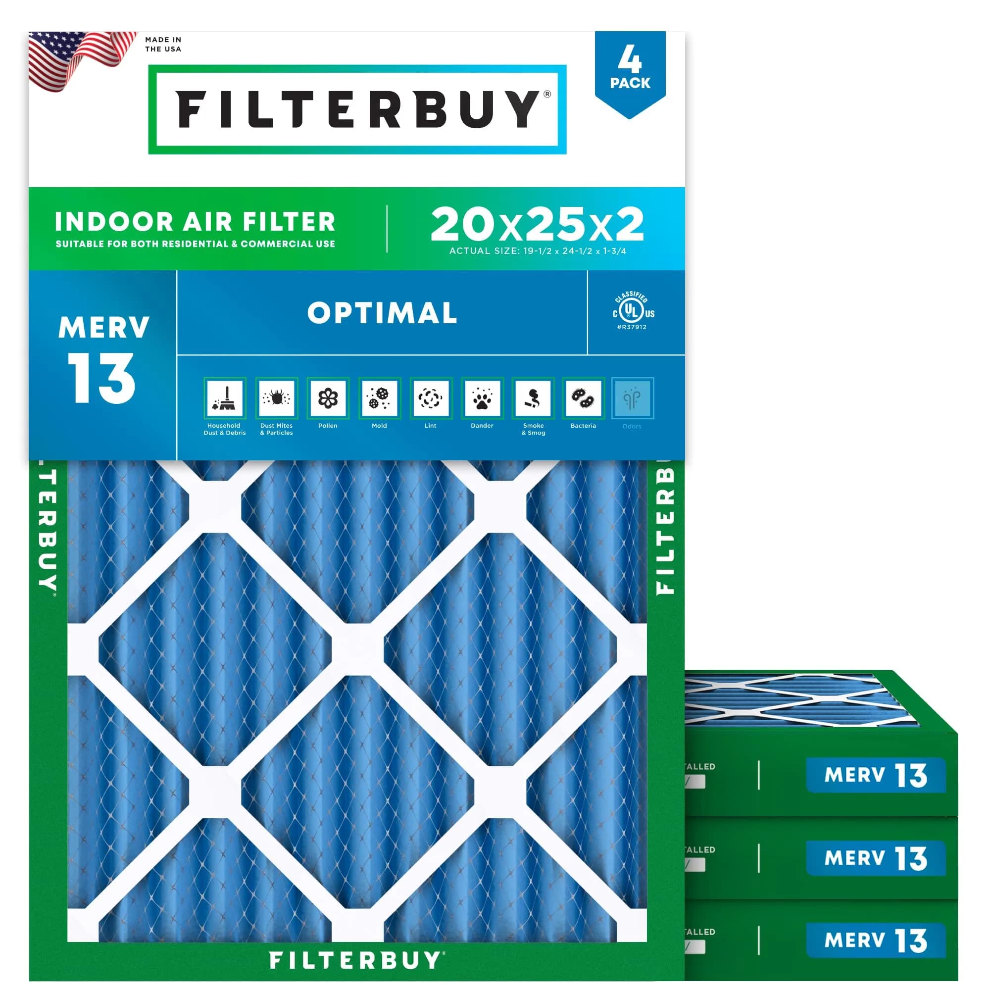 Filterbuy 20x25x2 MERV 13 Air Filter 4-Pack | Smoke & Allergy Defense (Actual Size: 19.50" x 24.50" x 1.75")