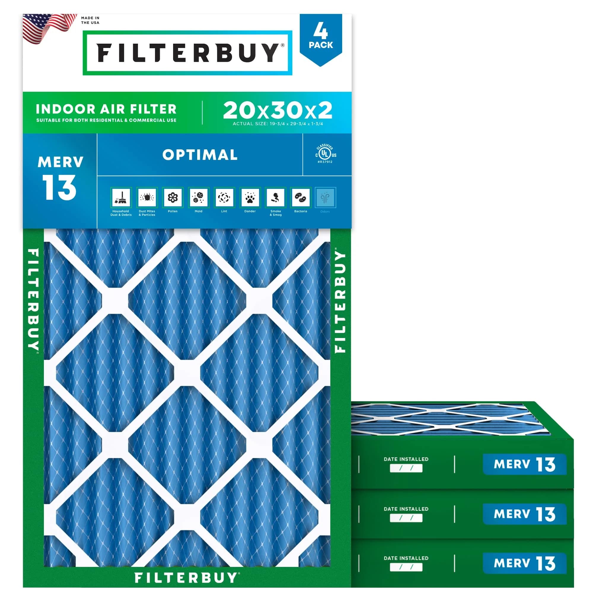Filterbuy 20x30x2 MERV 13 Air Filter 4-Pack | Captures 98% Dust & Smoke