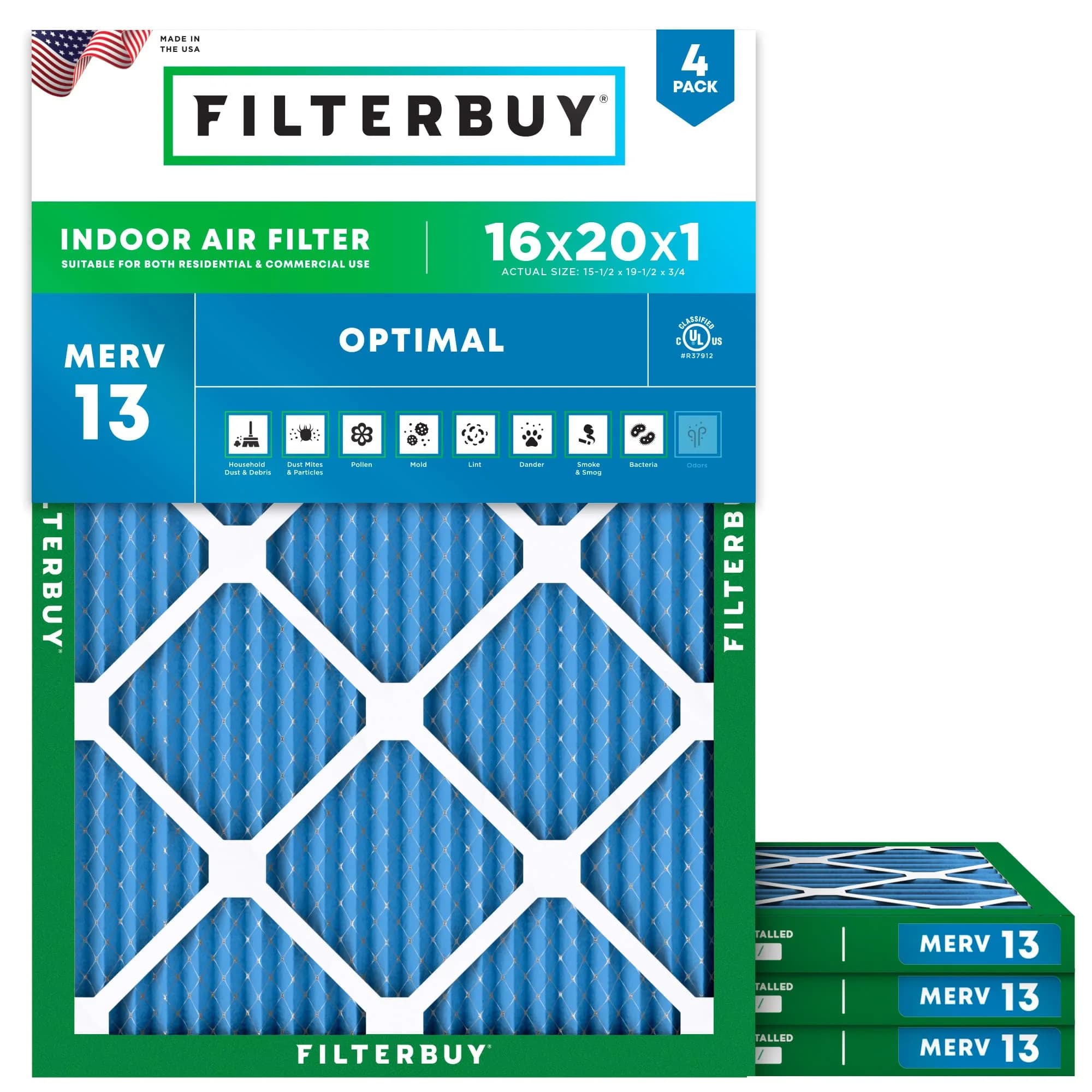 Filterbuy 16x20x1 MERV 13 Air Filter 4-Pack | Captures 98% Dust & Smoke - main product image