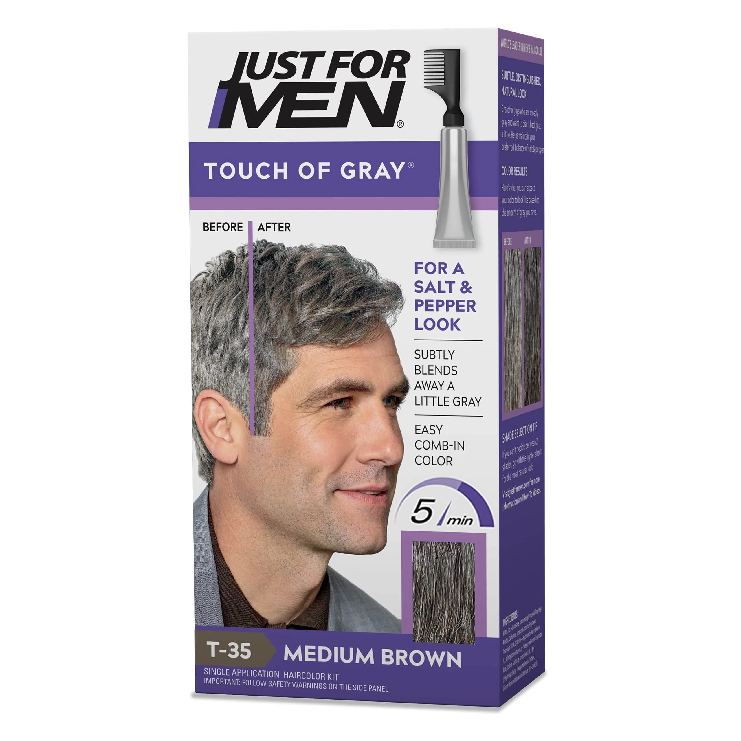 Just for Men Touch of Gray Hair Color, Medium Brown T-35 (1 Pack) | Subtle Gray Blending for Salt & Pepper Look — Medium Brown T-35