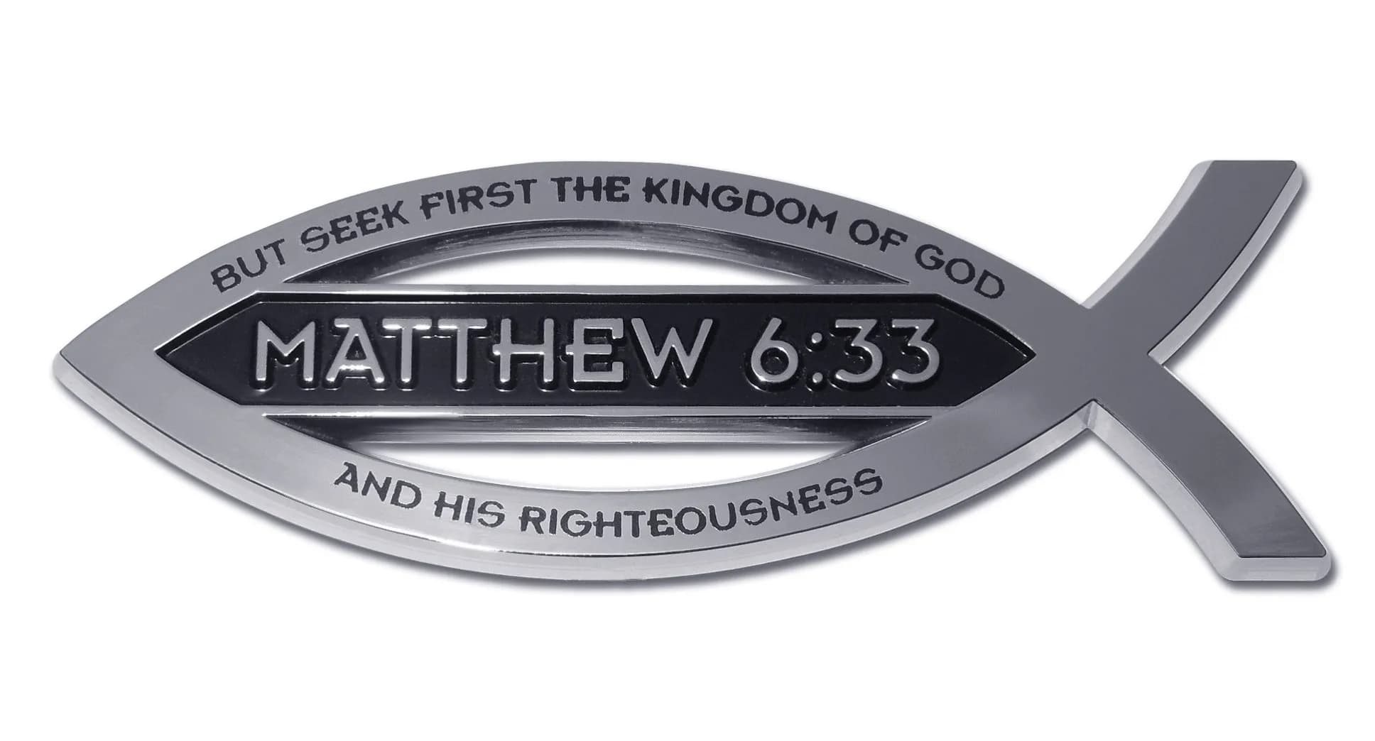 Elektroplate Matthew 6:33 Bible Verse Christian Fish Symbol Chrome Emblem 10.2cm (4") | Premium Chrome Plated Auto Emblem