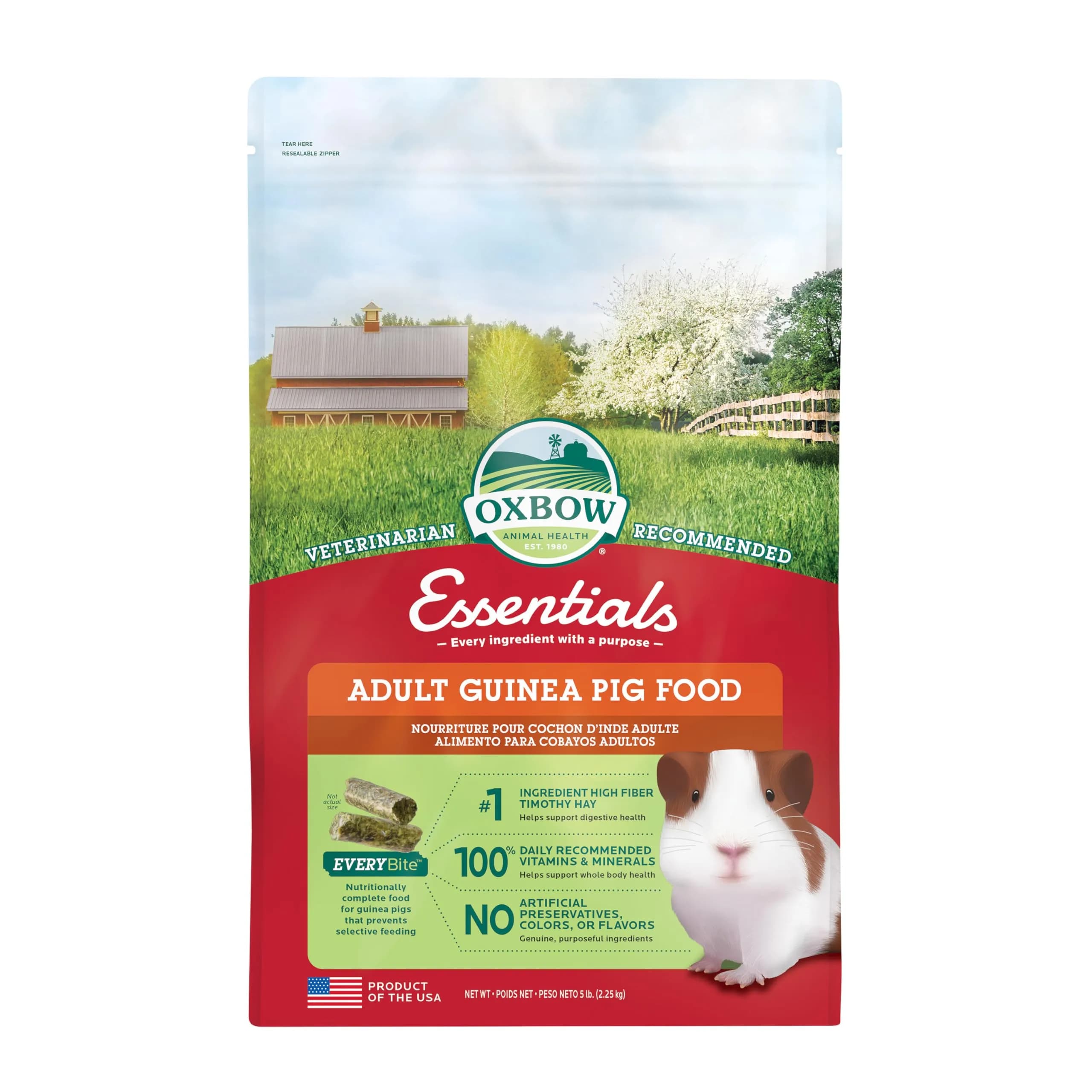 Oxbow Essentials Adult Guinea Pig Food, Timothy Hay Pellets, USA, 5 lb | Complete, High-Fiber Nutrition for Guinea Pigs - main product image