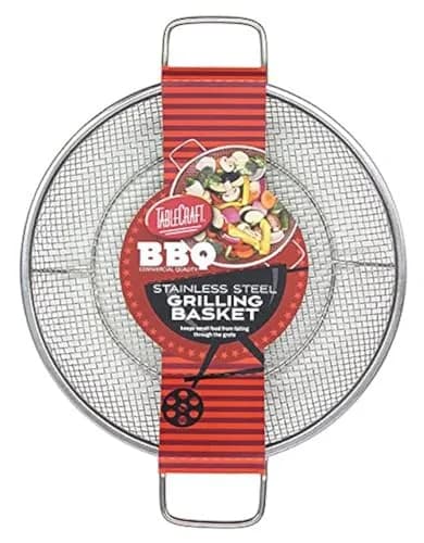 Tablecraft BBQ Stainless Steel Cast Iron 16-Inch Round Grilling Basket, Small, Silver | Durable, Easy to Clean thumbnail 1