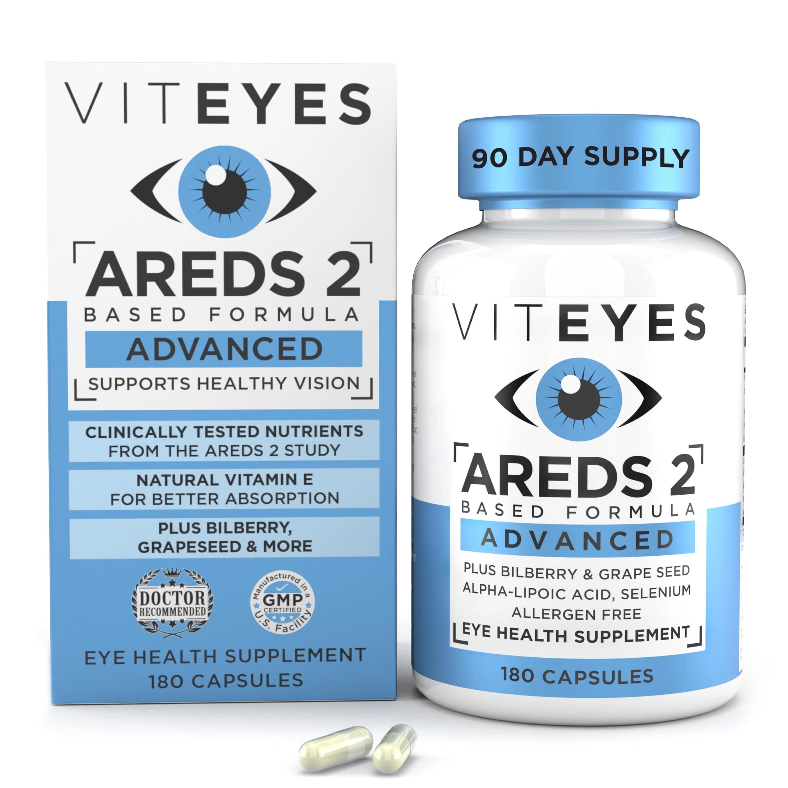 Viteyes AREDS 2 Advanced Eye Vitamins, Macular Support with Bilberry, Grape Seed, FloraGlo Lutein, Selenium, Natural Vitamin E, 180 Capsules - main product image