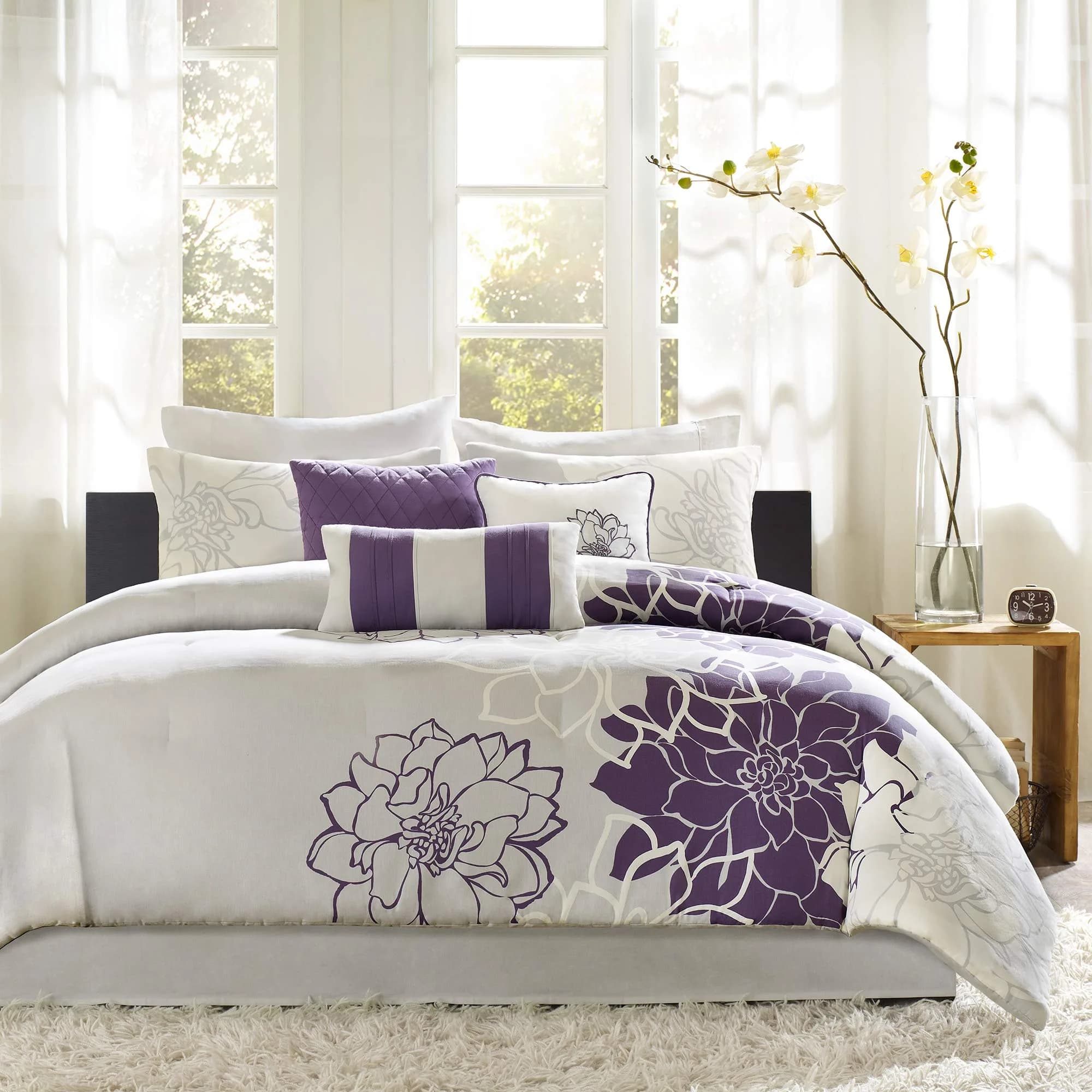Madison Park Sateen Cotton Comforter Set, 7PC Cal King | Floral Medallion Design, All Season, OEKO-TEX Certified — Floral Grey/Purple / Twin/Twin XL