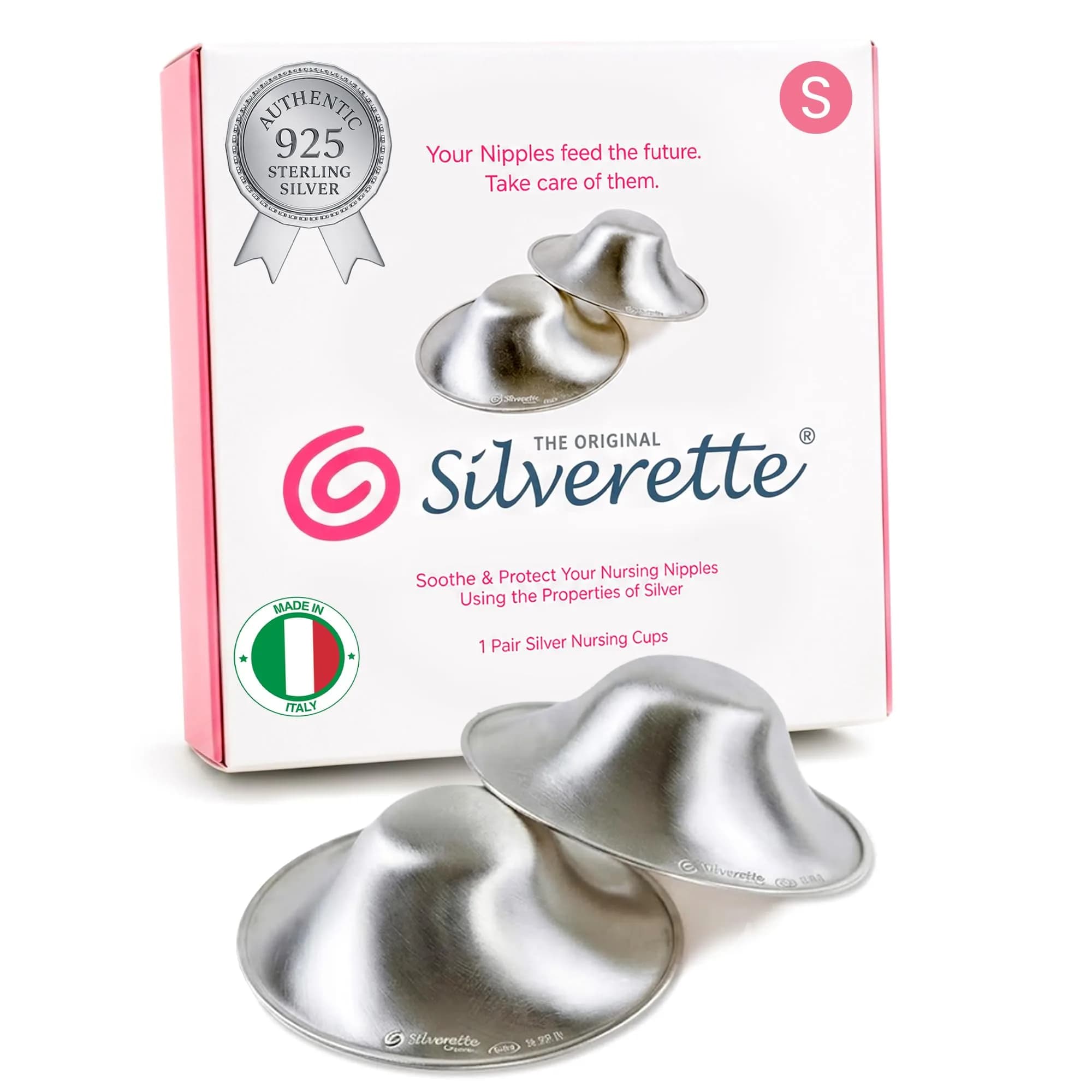 Silverette Sterling Silver Nursing Cups with O-Feel Silicone Rings | Handcrafted in Italy, 2-Pack — Small - Regular