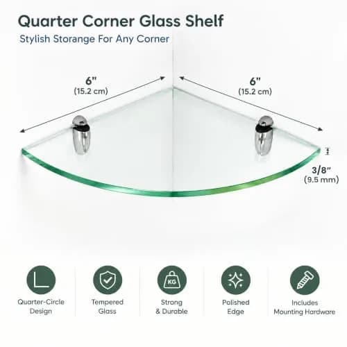 Fab Glass and Mirror Corner Glass Shelf, 6" x 6" | Tempered Clear Glass, Wall Mount thumbnail 2