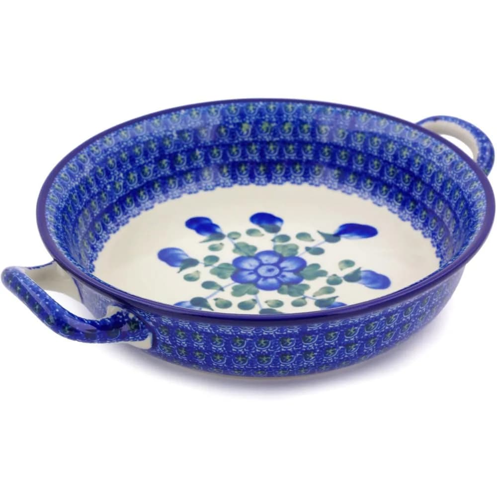 Polmedia Polish Pottery Round Baker with Handles 8.2" x 10" | Blue Poppies Pattern Handmade in Poland