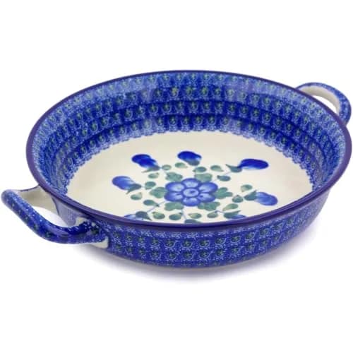 Polmedia Polish Pottery Round Baker with Handles 8.2" x 10" | Blue Poppies Pattern Handmade in Poland thumbnail 1