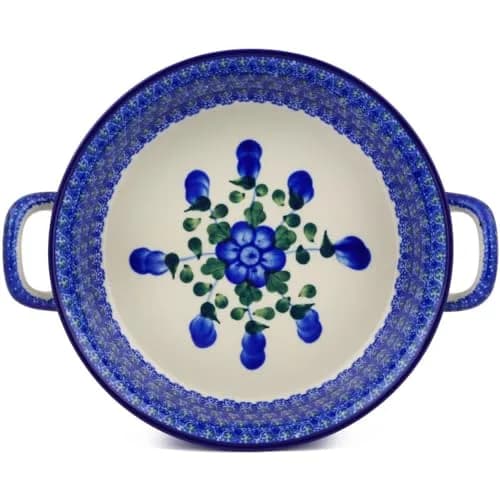 Polmedia Polish Pottery Round Baker with Handles 8.2" x 10" | Blue Poppies Pattern Handmade in Poland thumbnail 2