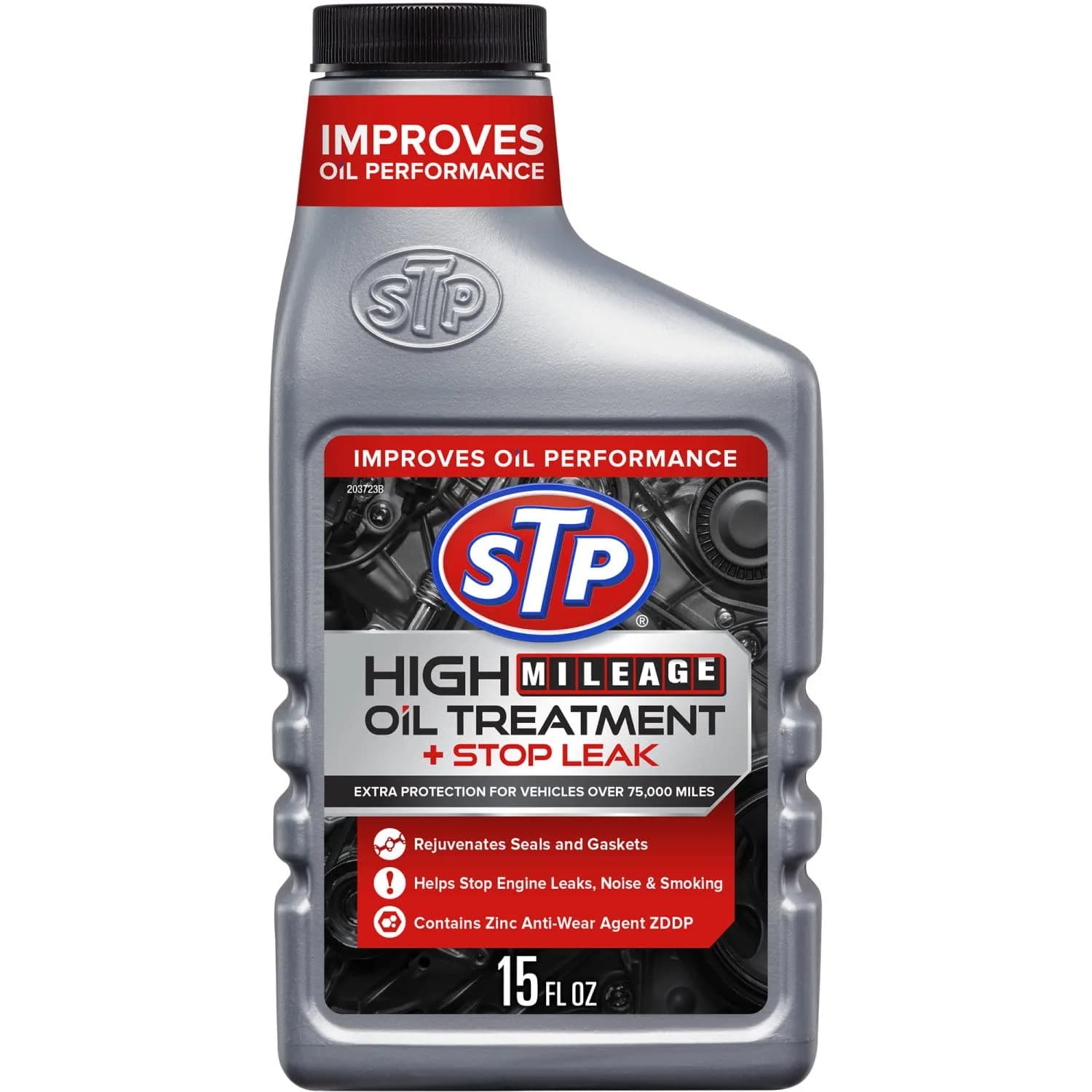 STP High Mileage Oil Treatment + Stop Leak 443ml (15 Fl Oz) | Protects Engines Over 75,000 Miles