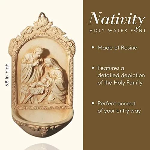 AT001 Catholic & Religious Nativity Holy Water Font 6 1/2" Resin | Holy Family Religious Decor thumbnail 3