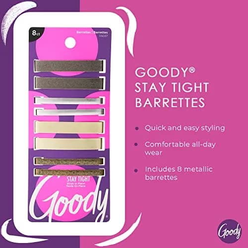 GOODY Stay Tight Hair Barrettes 8 Ct Metallic Non-Slip Clips | All Hair Types, Comfortable & Secure thumbnail 2