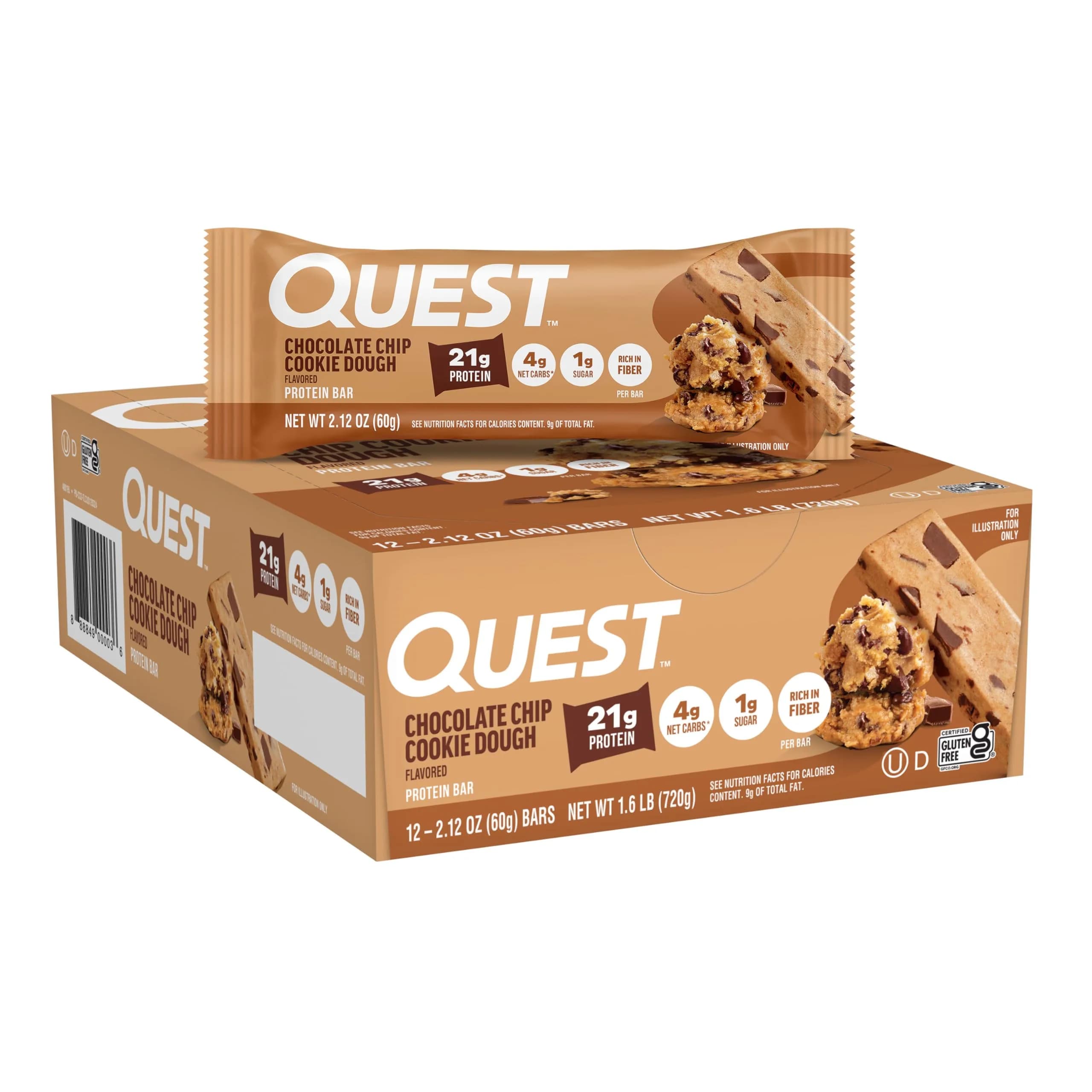 Quest Chocolate Chip Cookie Dough Protein Bars 12 Count | 21g Protein, 12g Fiber, 4g Net Carbs