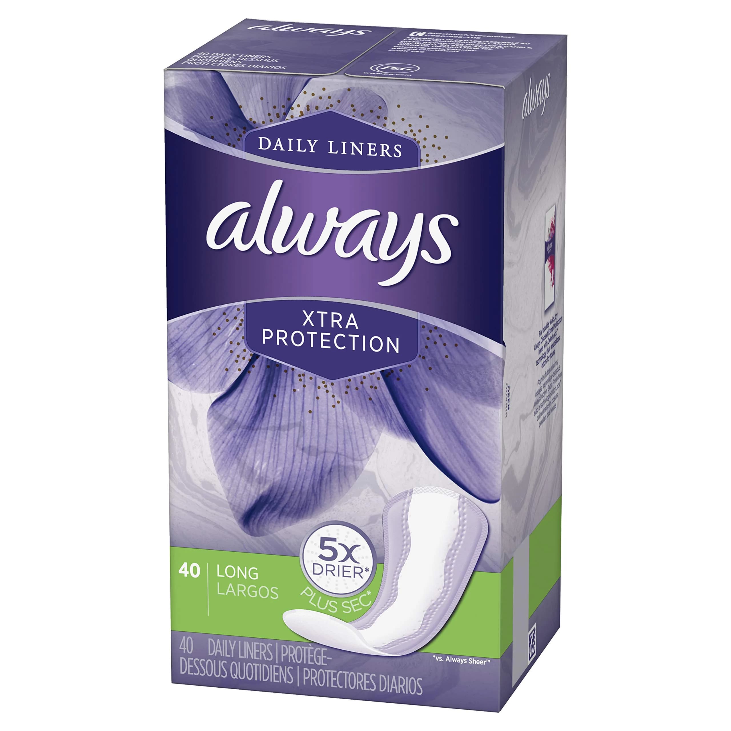 Always Xtra Protection Daily Liners Long Unscented, 40 Count | 5x Drier Protection - main product image