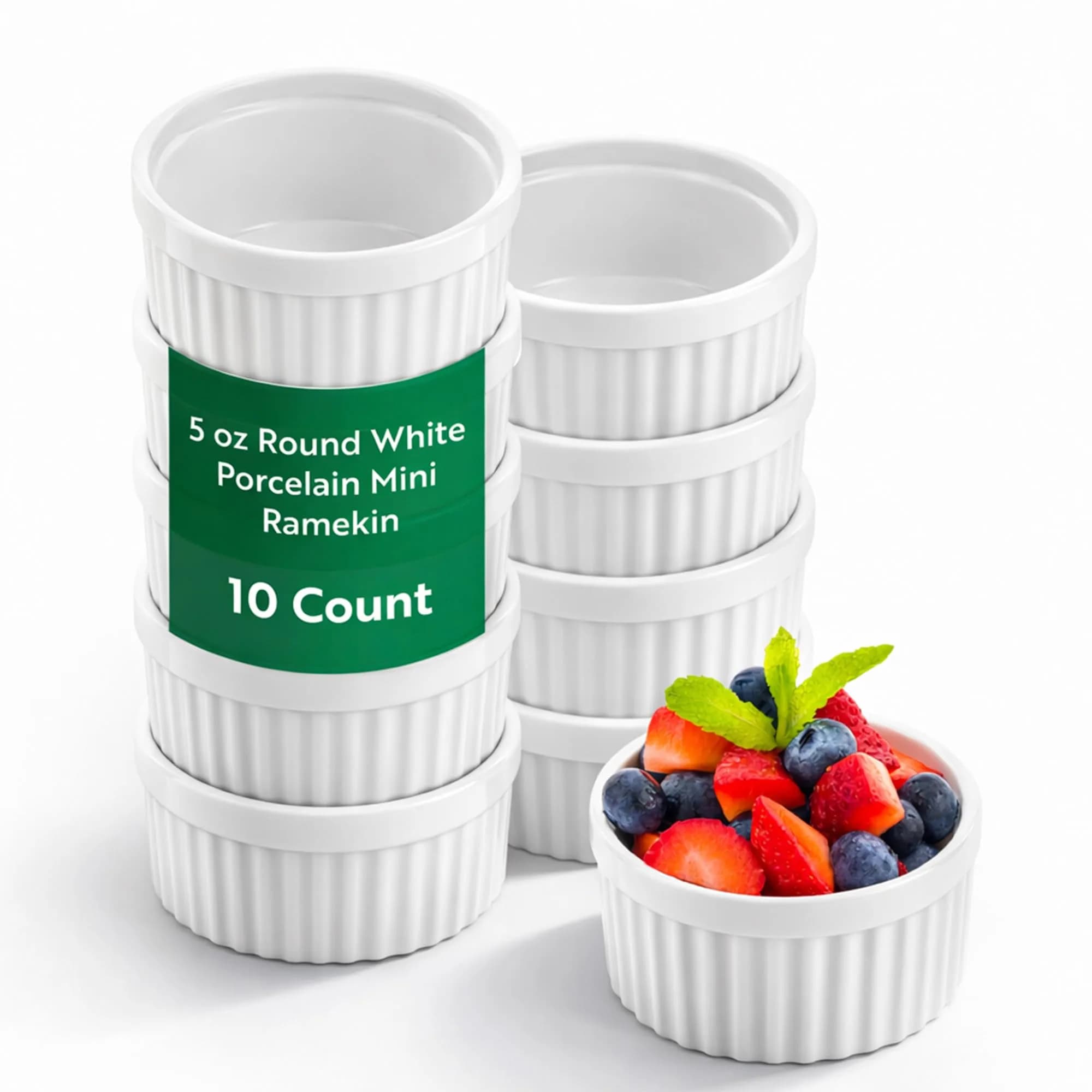 Restaurantware 5 Ounce Ramekin Bowls 10 Round Baking Ramekins | Oven & Microwave Safe White Porcelain