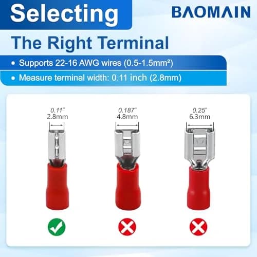 Baomain Female Spade Terminals 0.11" | Insulated, 22-16 AWG, 200-Pack for Automotive & DIY thumbnail 4