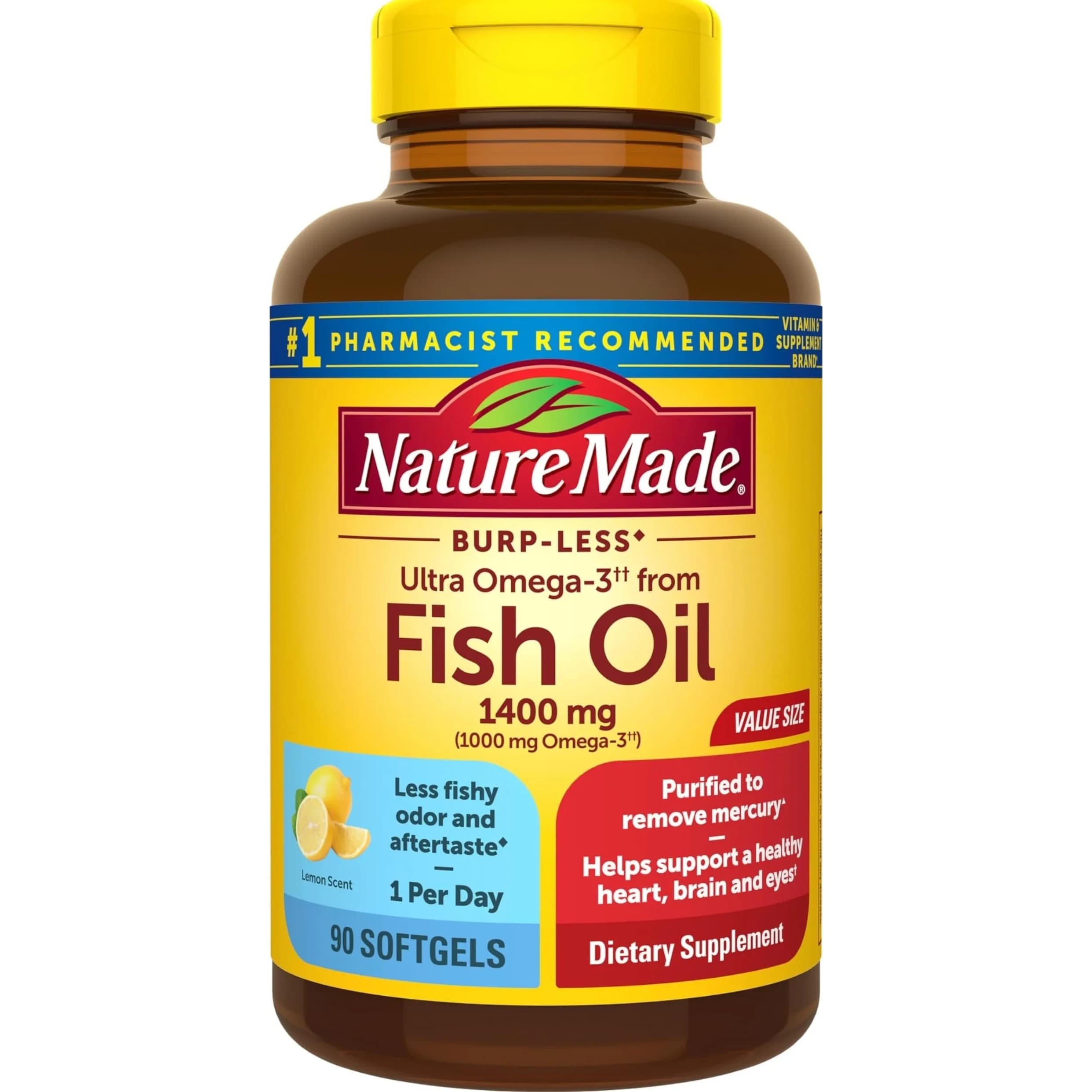Nature Made Burp Less Ultra Omega 3 Fish Oil 1400mg Softgels, 90 Count | Supports Heart, Brain & Eye Health