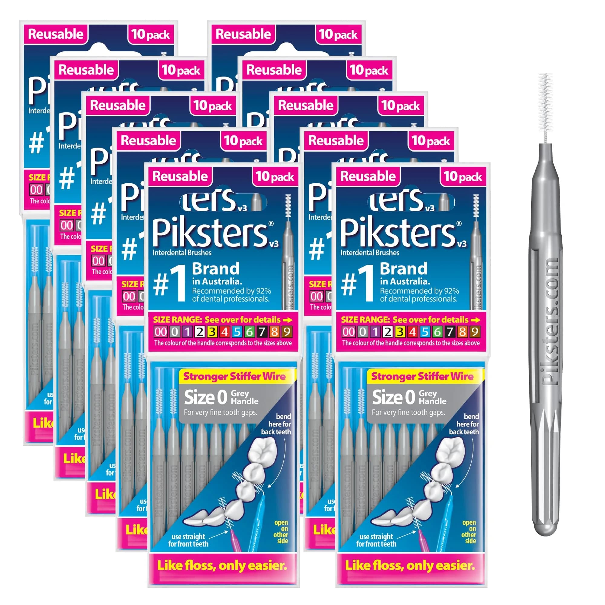 Piksters Interdental Brush Size 00 Pink 10 Pack | Specialist Tool for Extra Tight Gaps — Size 0 (Grey)