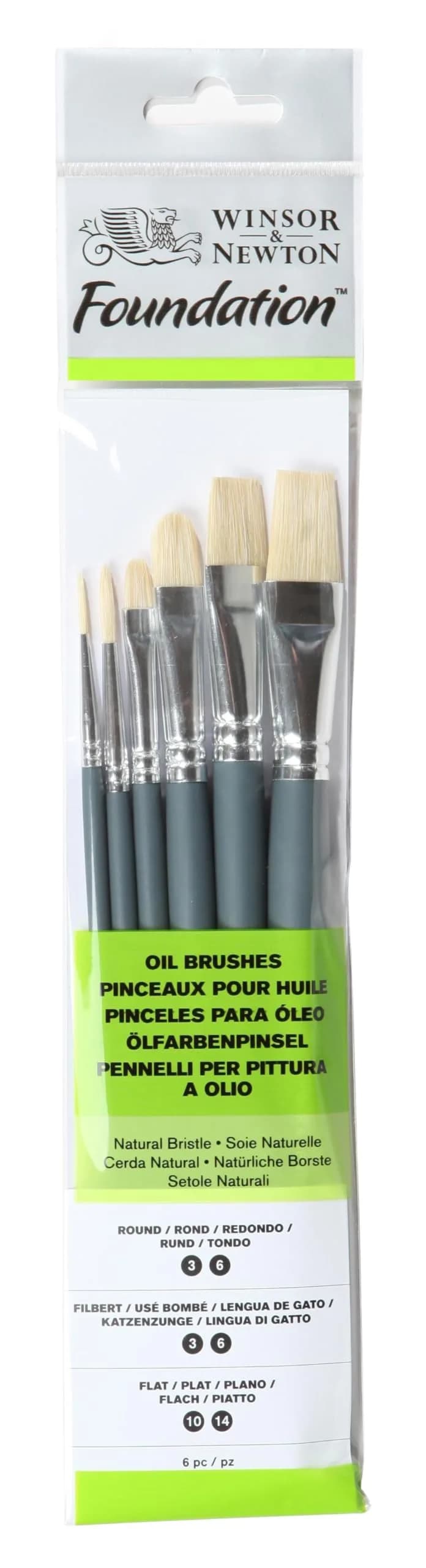 Winsor & Newton Foundation Oil Hog Brush Set, Short Handle, 6 Pack | Natural Hog Bristle Oil Brushes for Artists - main product image