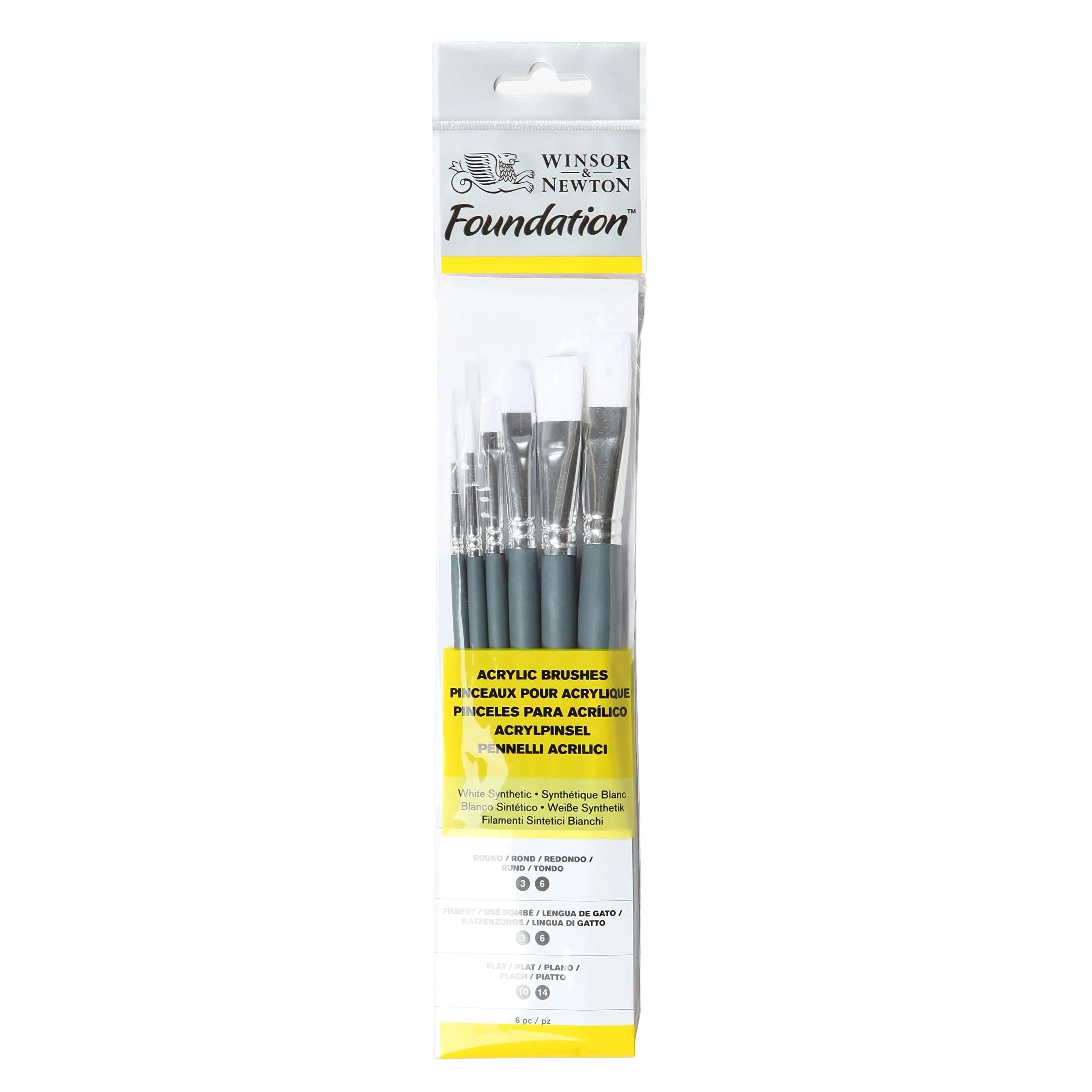 Winsor & Newton Foundation Synthetic Acrylic Brush Set, 6 Brushes (2 Round, 2 Filbert, 2 Flat) | Ideal for Acrylics & Oils - main product image