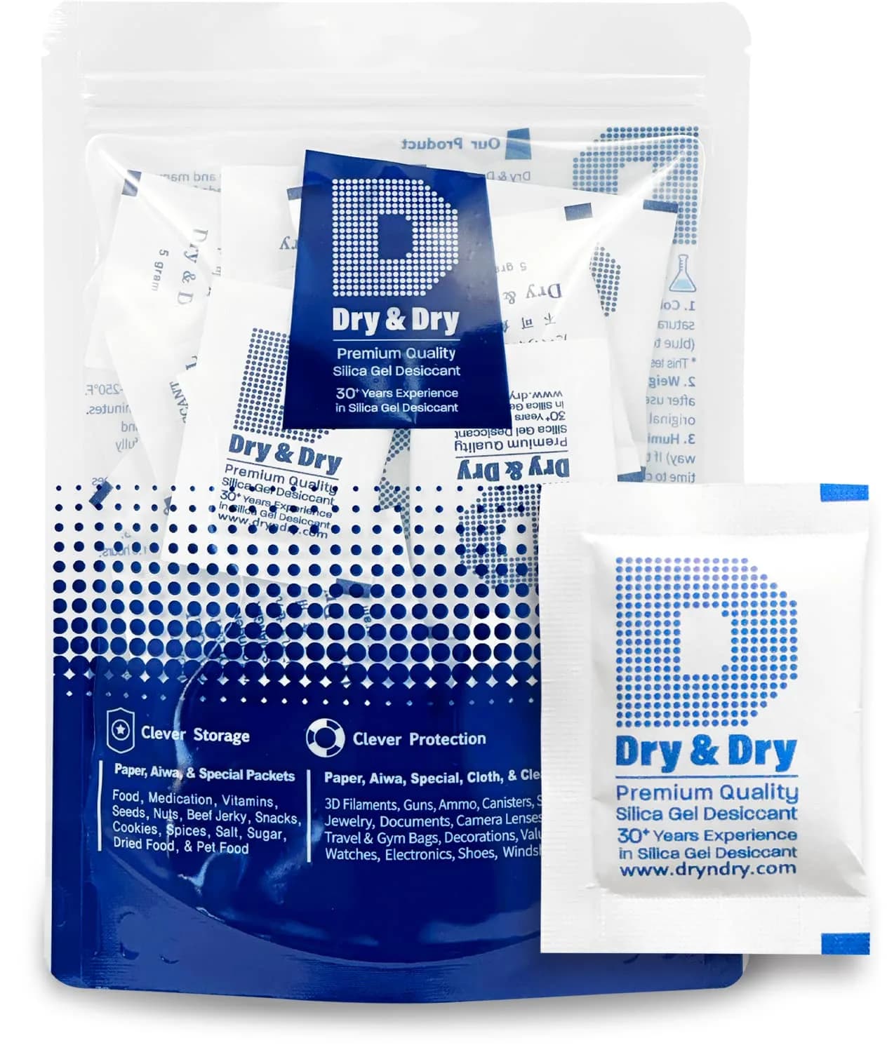 Dry & Dry 5 Gram Silica Gel Packets (50 Count) | Rechargeable Moisture Absorbers for Food, Electronics, 3D Filament & Safes - main product image